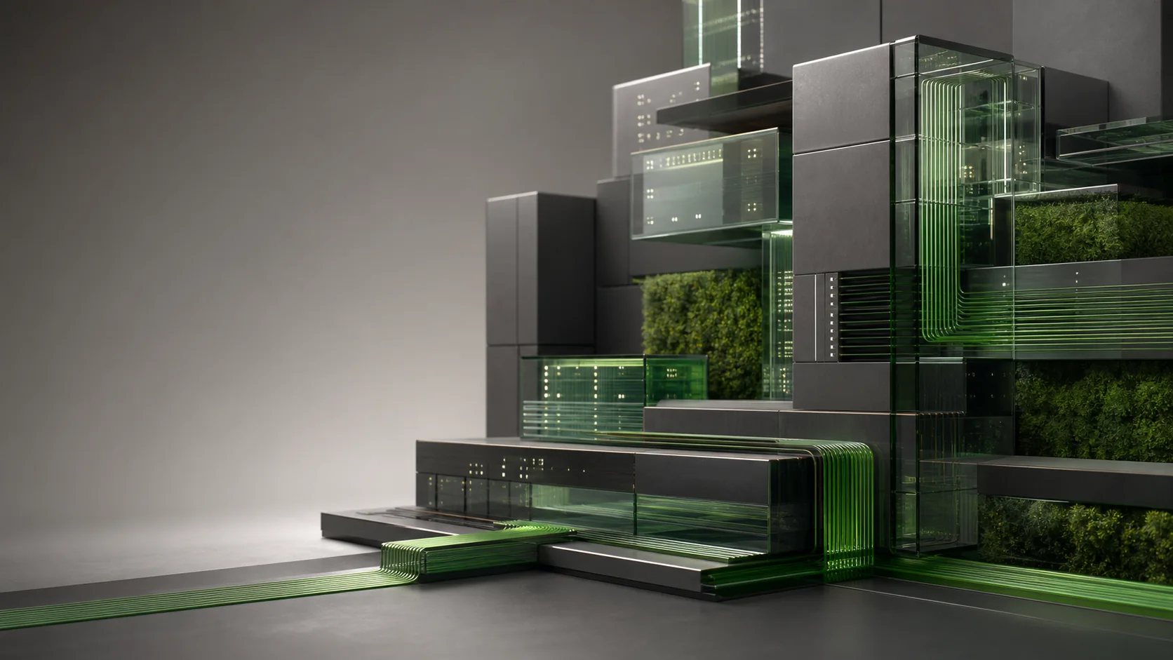 Modułowa architektura systemów połączona zielonymi liniami danych